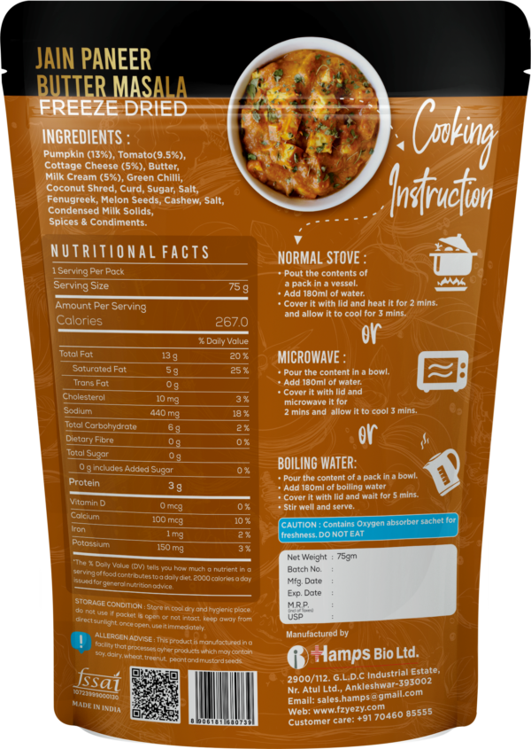 Freeze-Dried Jain Paneer Butter Masala – No Onion & Garlic | Ready to Eat | Authentic & Creamy | Just Add Hot Water